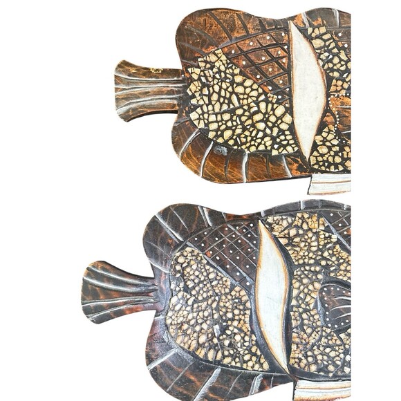 Natural Wood Fish Shaped Tray Hand Made Carved & Inlayed Folk Art 10.5” Set Of 2 - Picture 5 of 7